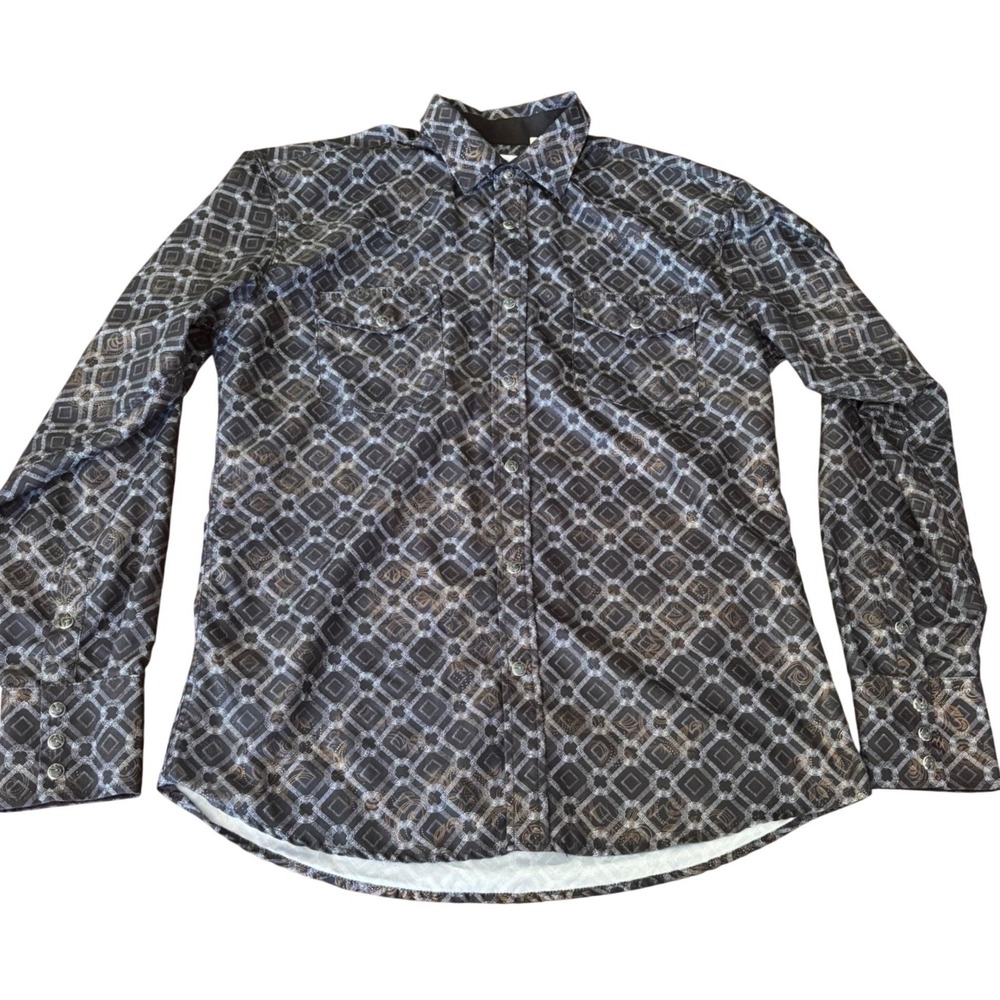 Ace of Diamond | Men M | Western Pearl Snap Shirt Geometric Paisley Modal Black